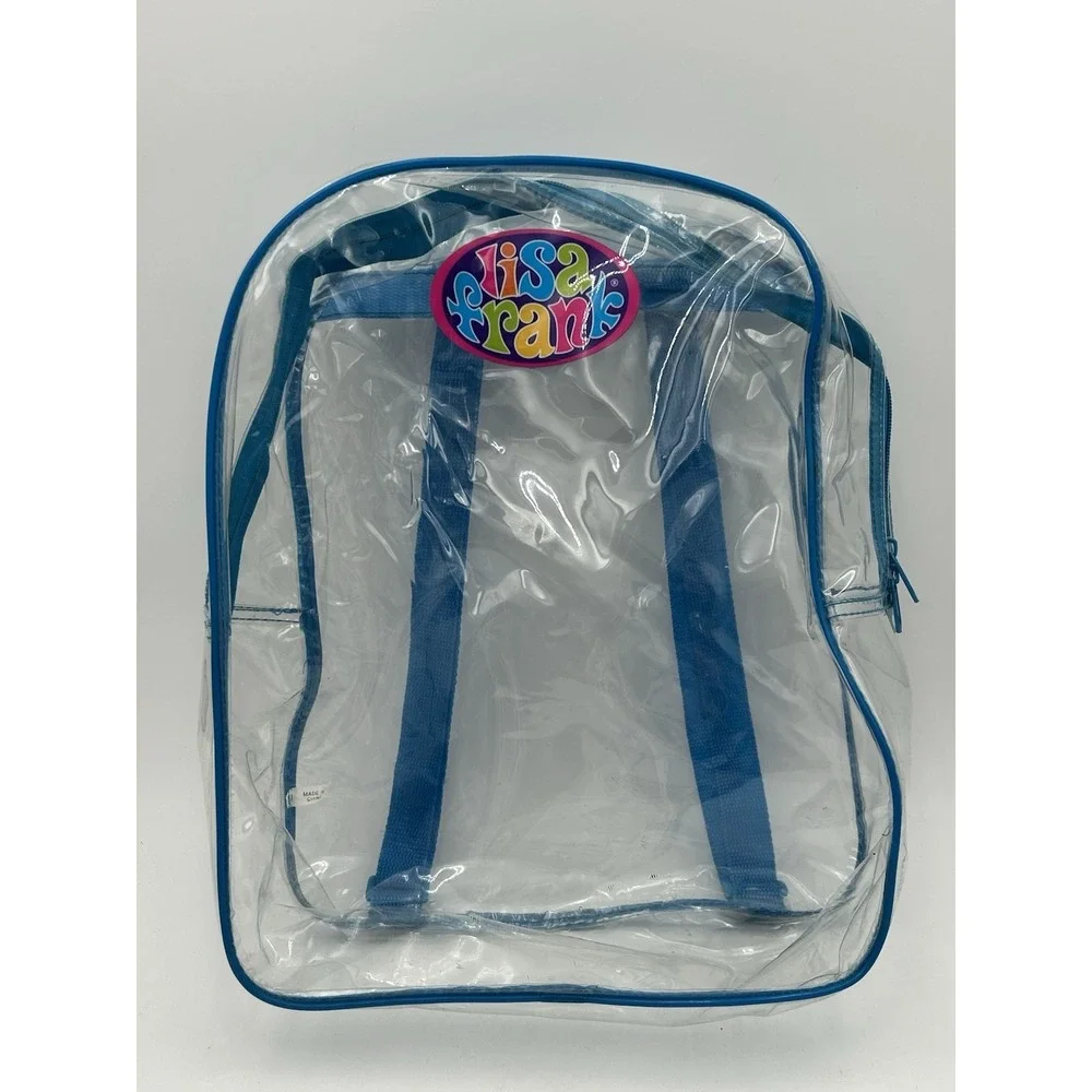 Vintage‎ 90s Y2K Lisa Frank Logo Clear Backpack See-Thru Vinyl Blue Straps 15